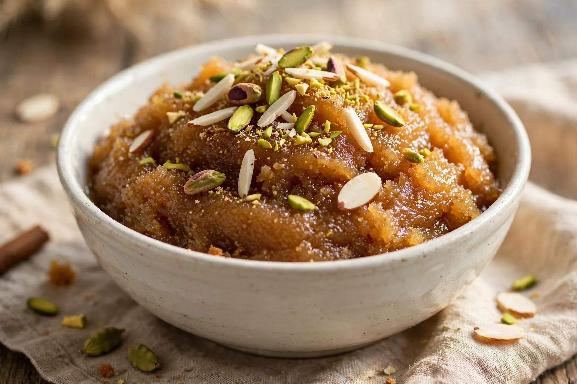 Suji ka halwa recipe served in a bowl, garnished with pistachios and almonds