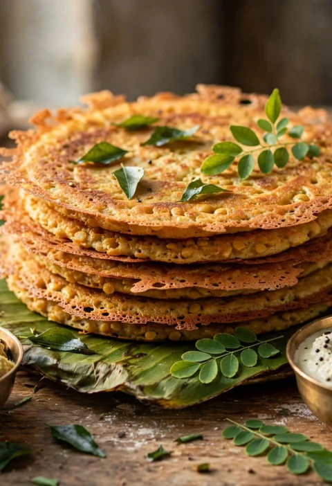 Adai recipe – golden thick adai lentil crepes with crisp lacy edges on a banana leaf with coconut chutney and avial