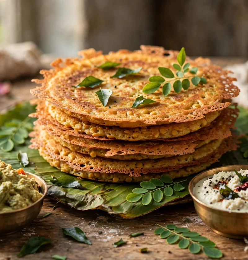 Adai recipe – golden thick adai lentil crepes with crisp lacy edges on a banana leaf with coconut chutney and avial