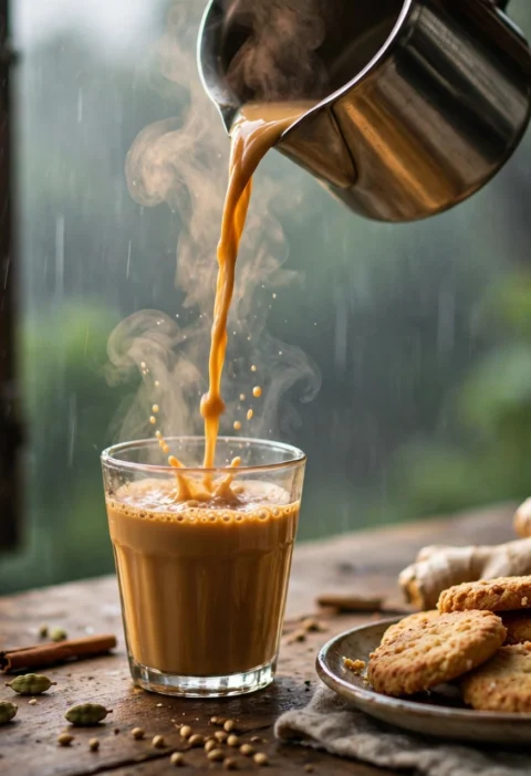 Adrak chai recipe – golden ginger chai poured into a glass with ginger root and biscuits