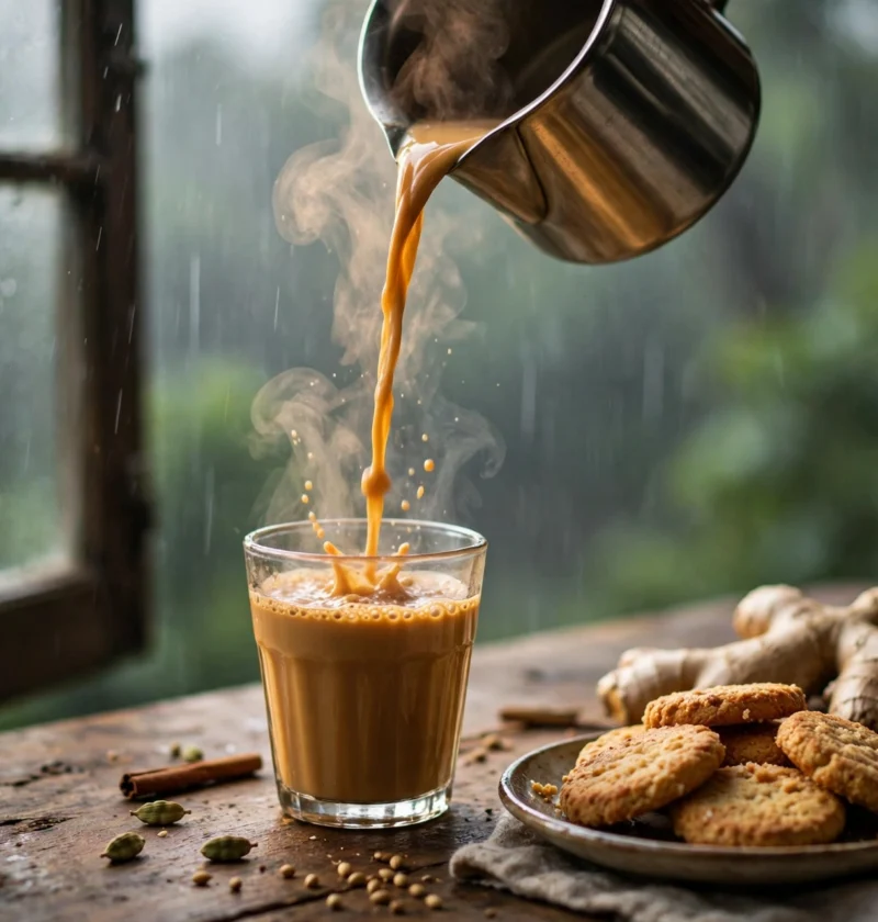 Adrak chai recipe – golden ginger chai poured into a glass with ginger root and biscuits
