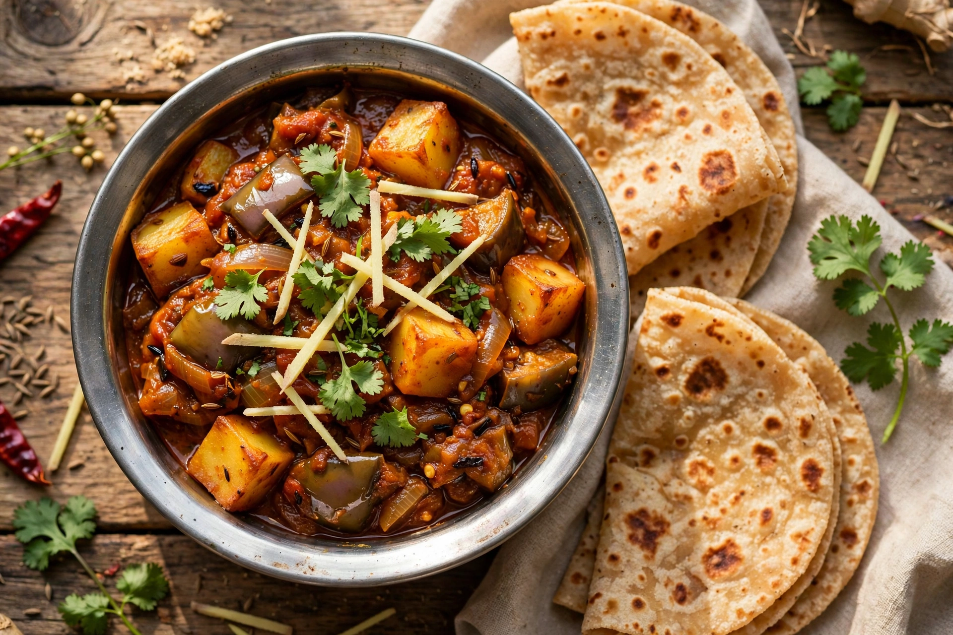Aloo baingan – homestyle potato and eggplant curry in tomato masala