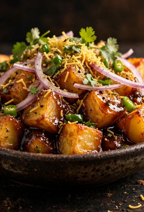 Aloo chaat – crispy potatoes with tamarind chutney