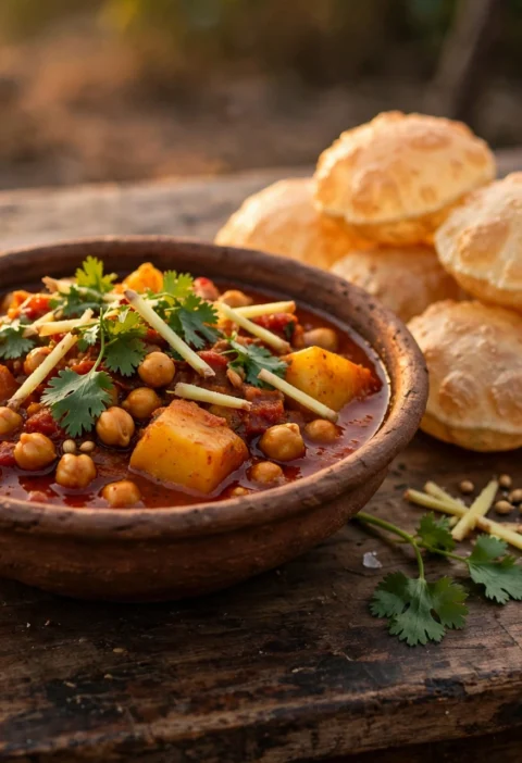 Aloo chana recipe – clay bowl of potato chickpea curry with puris and pickled onions