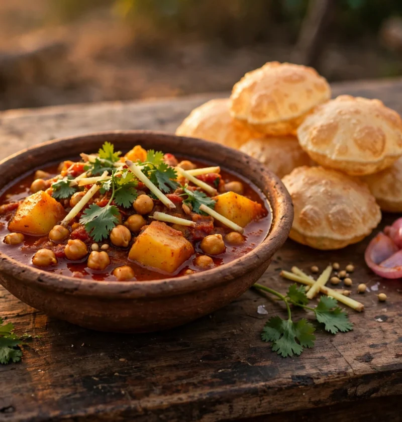 Aloo chana recipe – clay bowl of potato chickpea curry with puris and pickled onions