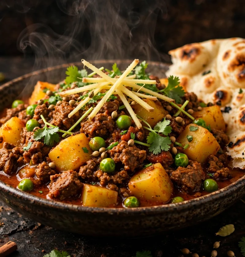 Aloo keema matar – minced beef with potatoes and peas