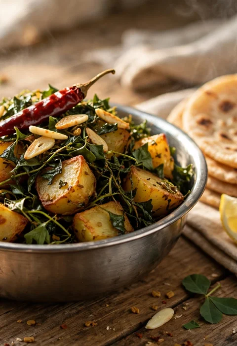Aloo methi – potatoes with fresh fenugreek leaves