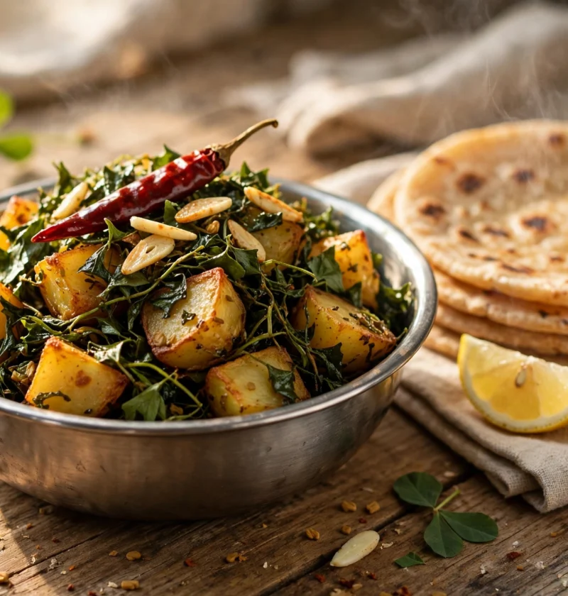Aloo methi – potatoes with fresh fenugreek leaves