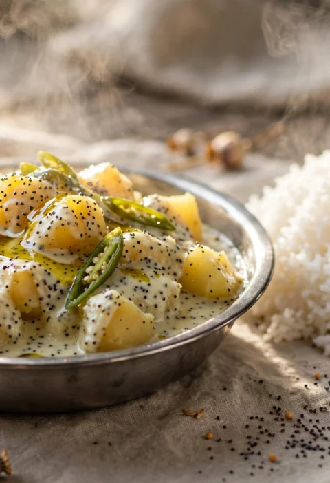 Aloo Posto – potatoes in pale poppy-seed gravy