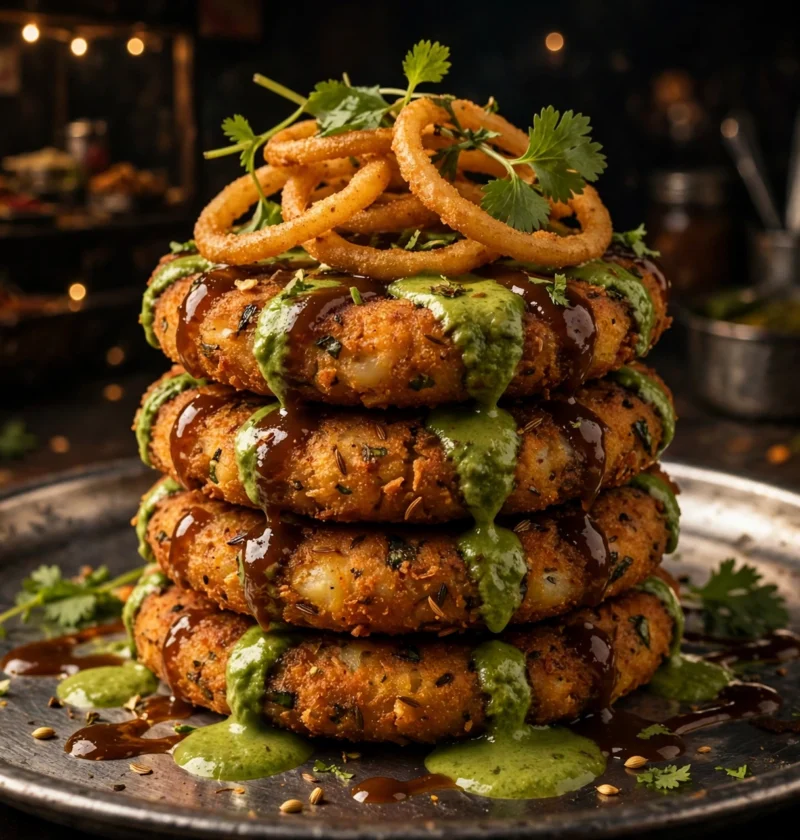 Aloo tikki – crispy golden potato patties with chutneys