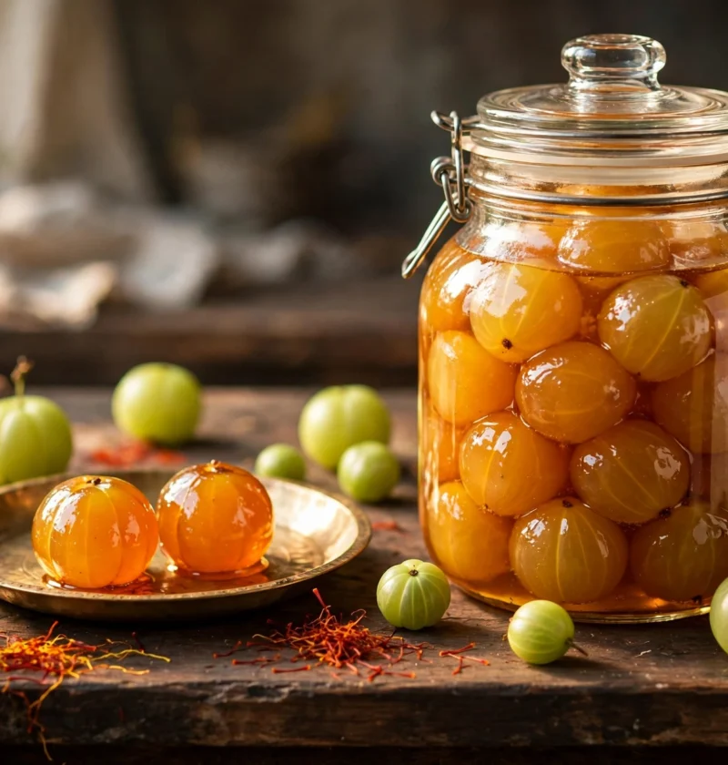 Amla murabba recipe – amber amla murabba in golden syrup in a glass jar with fresh green amla fruit beside