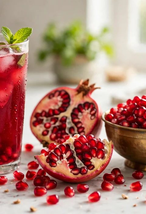 Anar juice recipe – ruby-red pomegranate juice with ice, mint and fresh arils