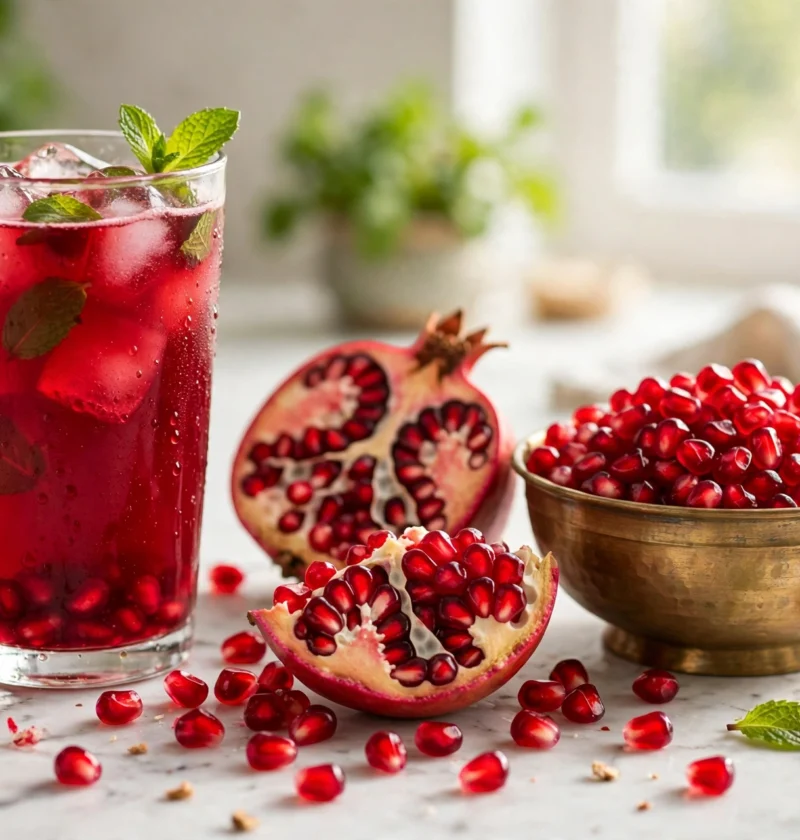 Anar juice recipe – ruby-red pomegranate juice with ice, mint and fresh arils