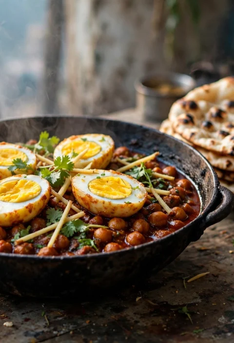 Anda chana recipe – golden fried eggs resting on chickpea masala in an iron karahi with naan and chai
