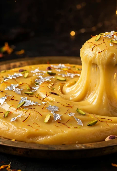 Anday ka halwa – silky golden egg halwa with silver leaf