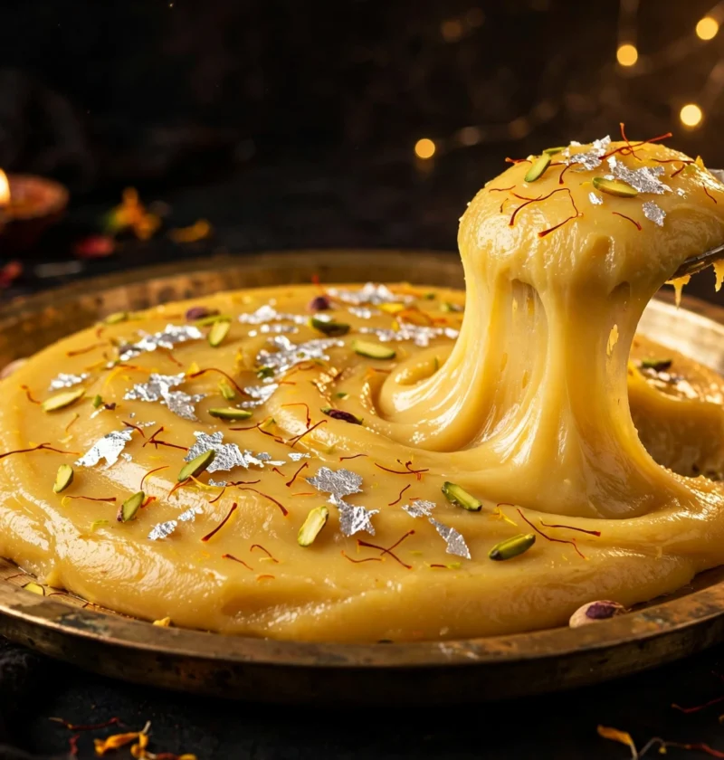 Anday ka halwa – silky golden egg halwa with silver leaf