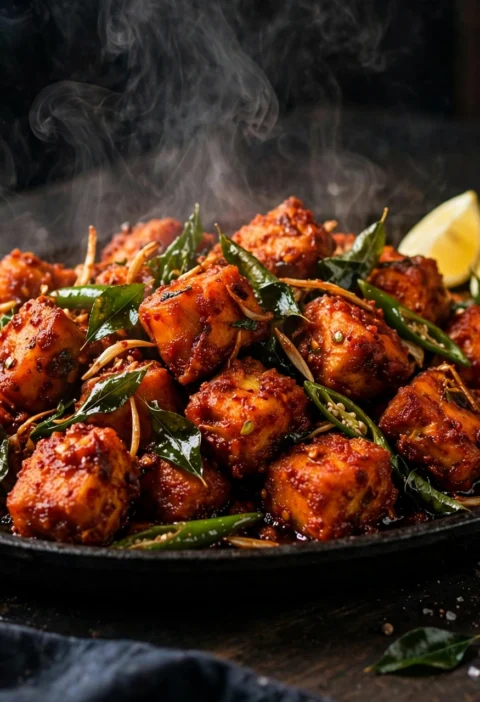 Apollo fish recipe – crisp red-orange fried fish cubes tossed with curry leaves, green chilies and garlic on a sizzling iron platter with lemon wedges