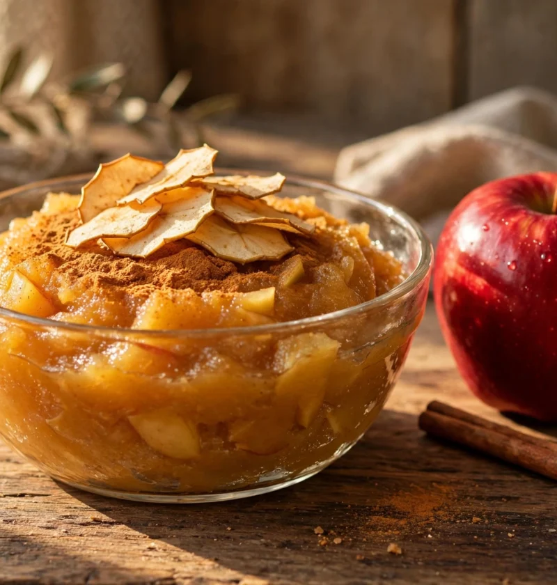 Apple halwa recipe – golden apple halwa in a glass bowl with cinnamon and apple slices