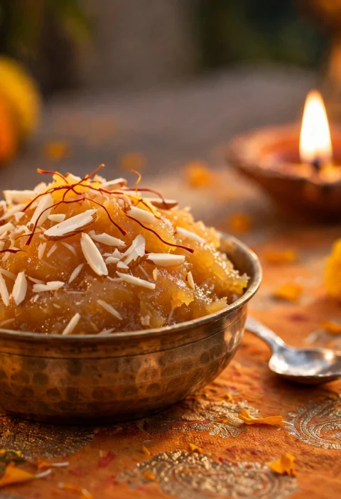 Badam halwa recipe – golden almond halwa in a brass bowl with slivered almonds and saffron
