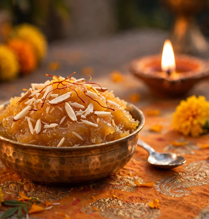 Badam halwa recipe – golden almond halwa in a brass bowl with slivered almonds and saffron