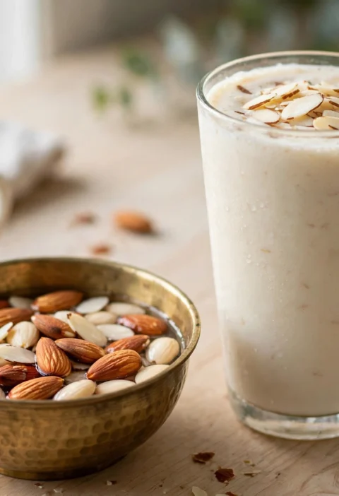 Badam shake recipe – pale almond shake with slivered almonds and milk jug