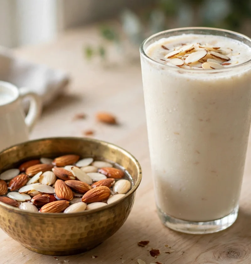 Badam shake recipe – pale almond shake with slivered almonds and milk jug