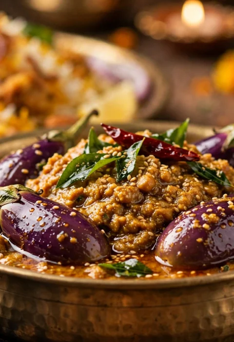 Bagara Baingan – baby eggplants in peanut sesame gravy