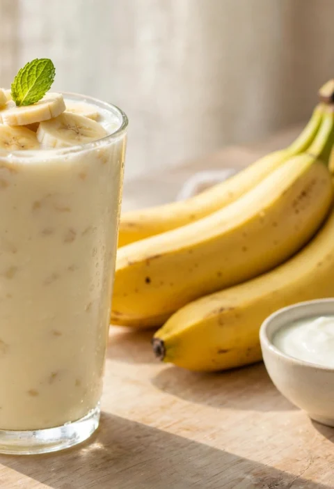 Banana lassi recipe – creamy banana lassi in a tall glass with banana slices and mint