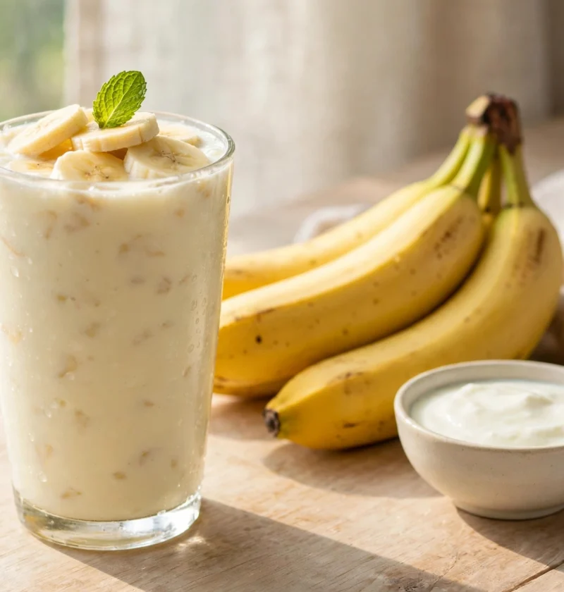 Banana lassi recipe – creamy banana lassi in a tall glass with banana slices and mint