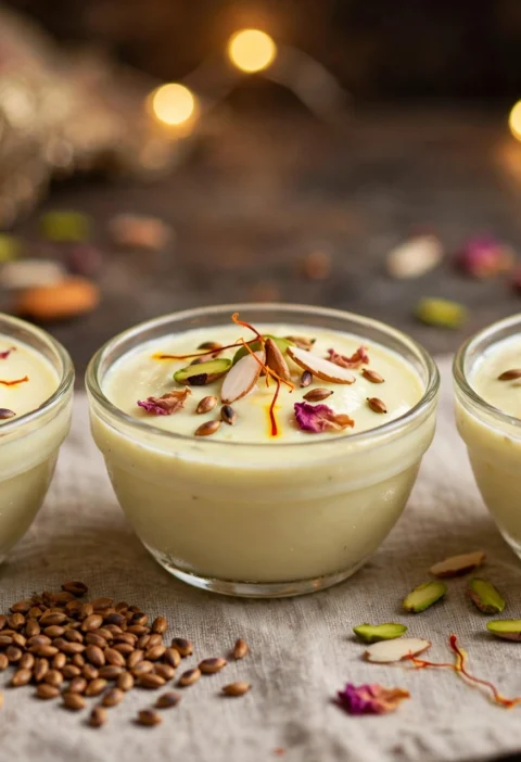 Basundi – chilled saffron milk with slivered nuts