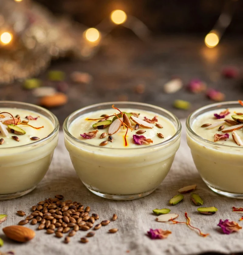 Basundi – chilled saffron milk with slivered nuts