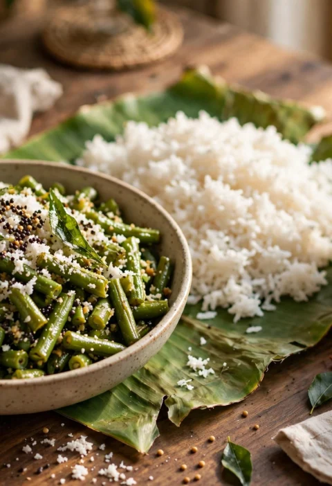 Beans poriyal recipe – crunchy green beans with coconut and curry leaves on a banana leaf