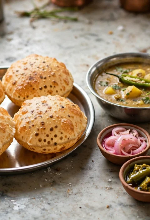Bedmi puri recipe – puffed golden bedmi puris on a steel thali with a bowl of runny dubki aloo, pickles and a kulhad of chai
