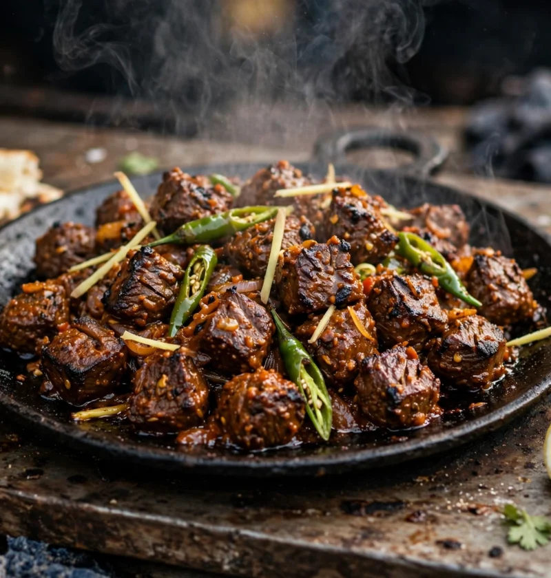 Beef boti recipe – charred-edge beef boti cubes in glossy onion-tomato masala on a sizzling iron tawa with naan and onion rings