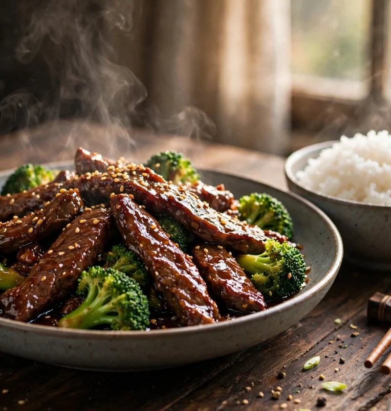 Beef broccoli recipe – glossy beef strips and bright green broccoli florets in an oyster-soy glaze with sesame seeds