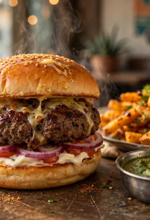 Beef Burger – juicy desi-spiced patty in a toasted bun