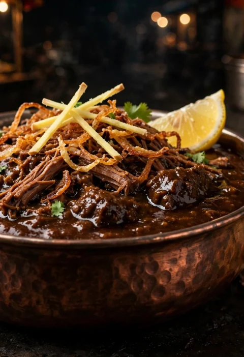 Beef haleem – dark pounded porridge with shredded beef