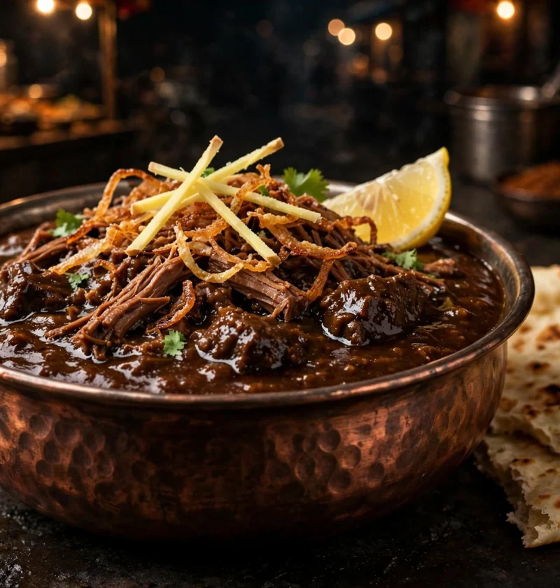 Beef haleem – dark pounded porridge with shredded beef
