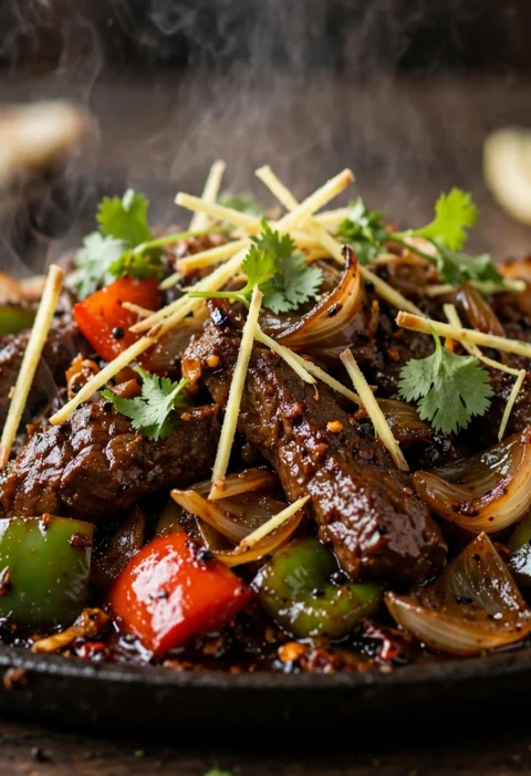 Beef jalfrezi recipe – sizzling beef strips with bell peppers and onion petals in a dark spiced glaze