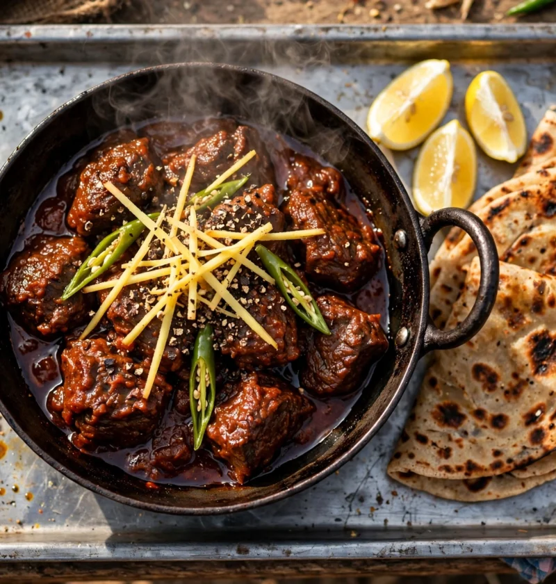 Beef karahi recipe – dark glossy beef karahi with ginger, green chilies and crushed black pepper in a black iron karahi