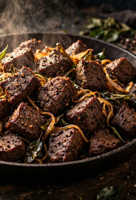 Beef pepper fry recipe – dark dry-fried beef chunks crusted with crushed black pepper and crisped curry leaves in a cast-iron pan