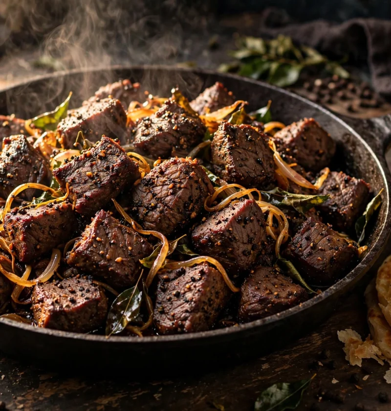 Beef pepper fry recipe – dark dry-fried beef chunks crusted with crushed black pepper and crisped curry leaves in a cast-iron pan