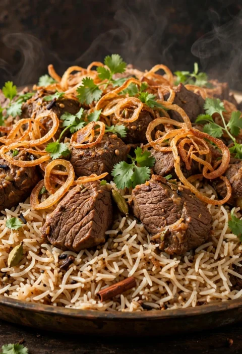 Beef pulao – fluffy basmati with tender beef and fried onions