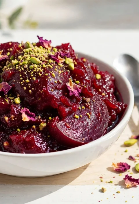 Beetroot halwa recipe – ruby-red beetroot halwa in a white bowl with pistachios and rose petals