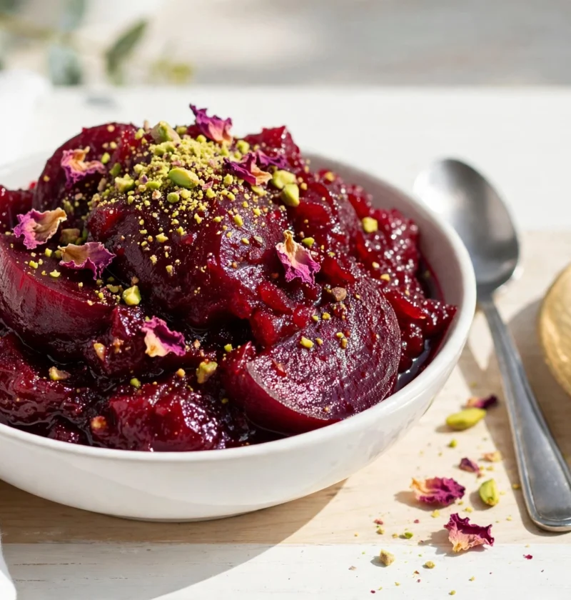 Beetroot halwa recipe – ruby-red beetroot halwa in a white bowl with pistachios and rose petals