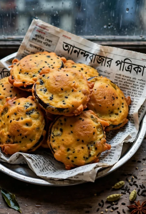 Beguni – crisp brinjal fritters with kasundi