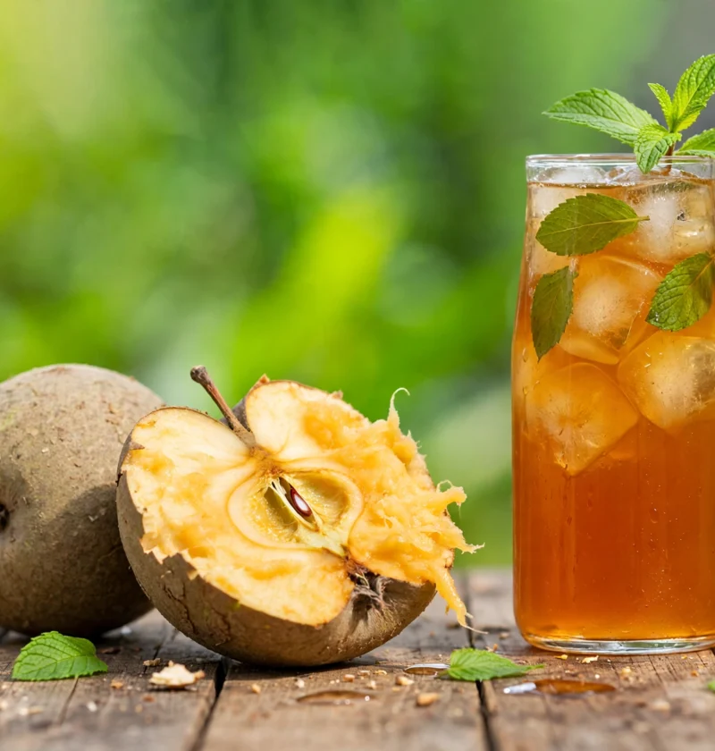 Bel sharbat recipe – amber bel sharbat with ice and mint beside a cracked wood apple