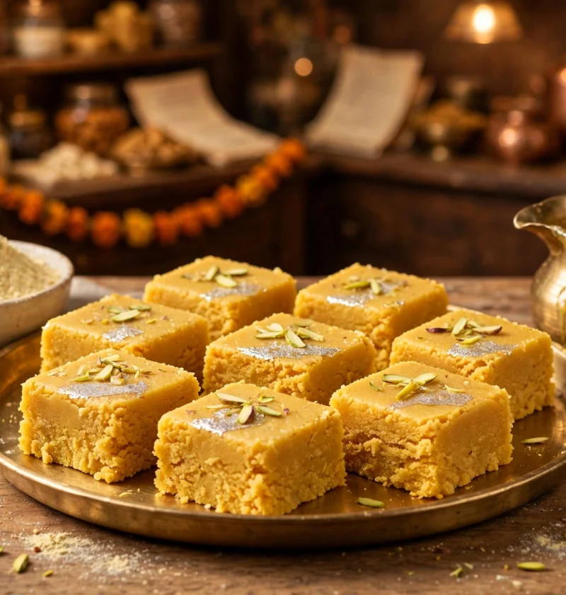 Besan barfi recipe – golden gram flour fudge squares with pistachio and silver leaf on a brass tray