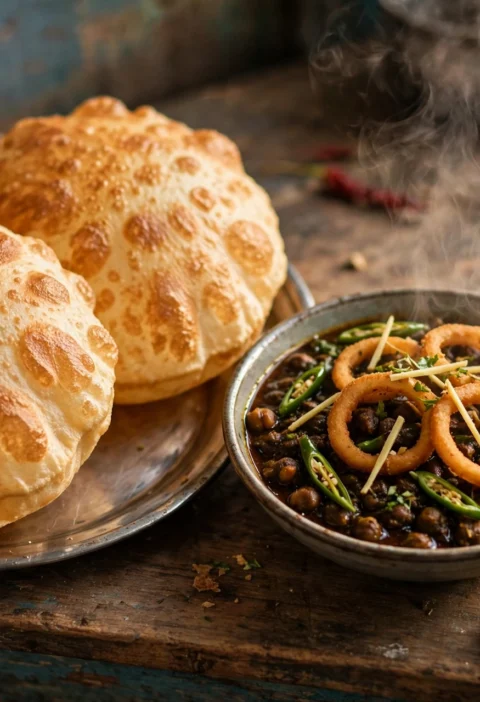 Bhatura – pillowy puffed fried bread with cholay