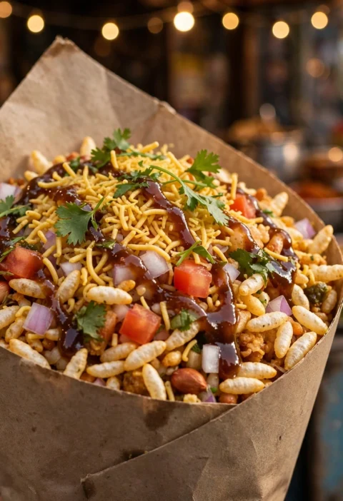 Bhel puri – crunchy puffed rice chaat in paper cone